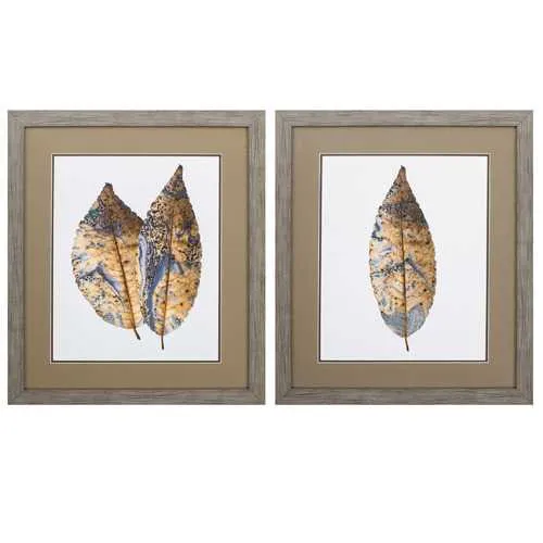 24" X 28" Woodtoned Frame Brown Blue Leaf (Set of 2)