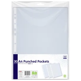 A4 Punched Pockets Clear - 30 Pack Transparent Plastic Sleeves Organising Protecting Documents