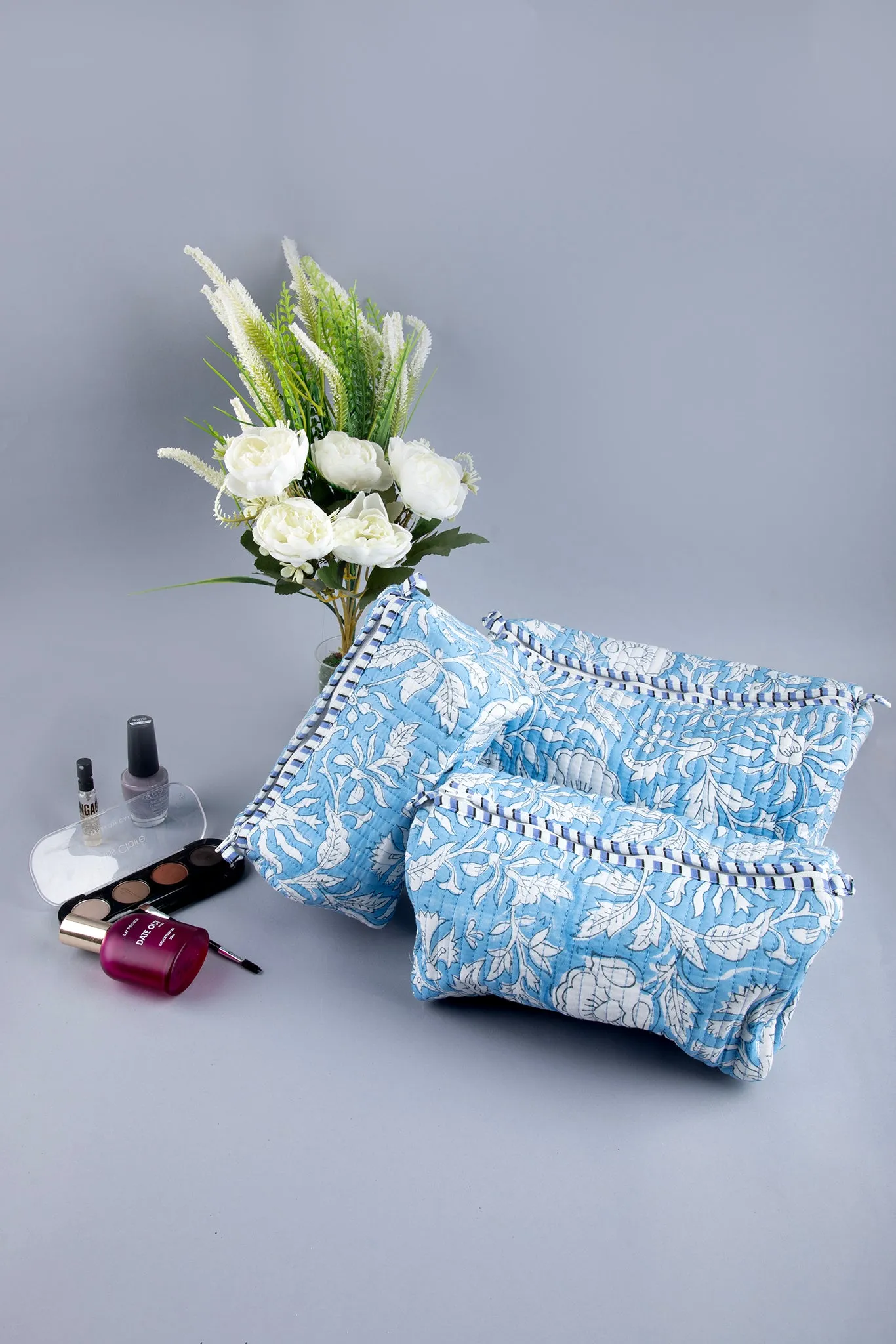 Baby Blue Quilted Pouches (Set of 3)