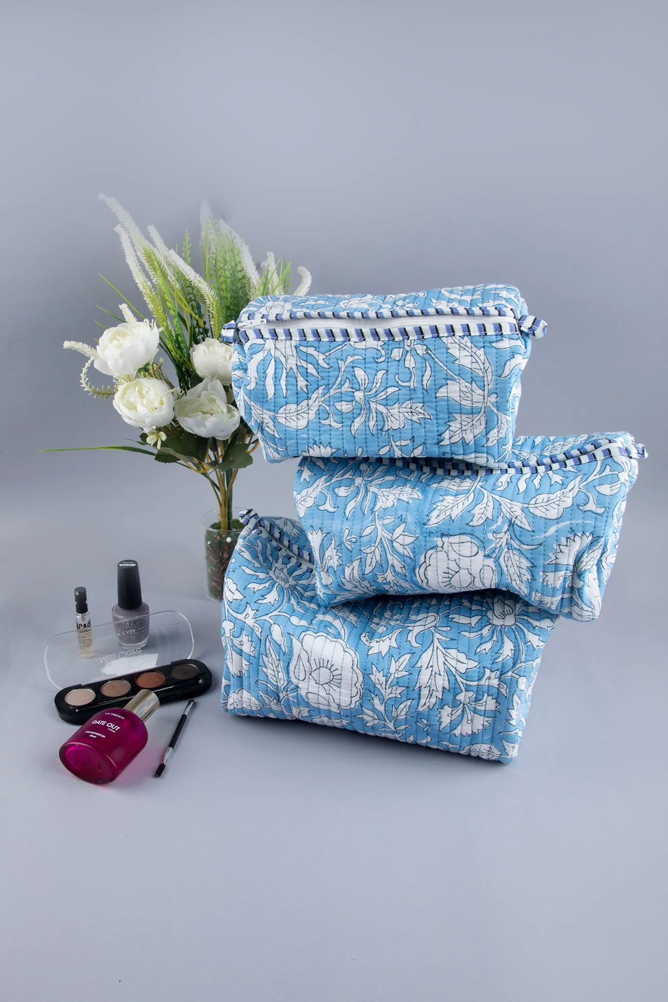 Baby Blue Quilted Pouches (Set of 3)