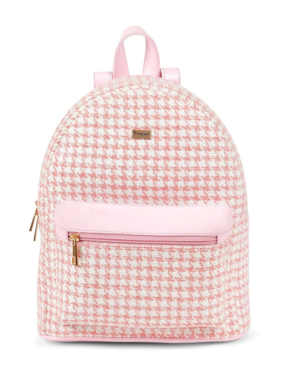 Berrylush Women Pink & White Houndstooth Printed PU Padded Shoulder Strap Zipper Backpack