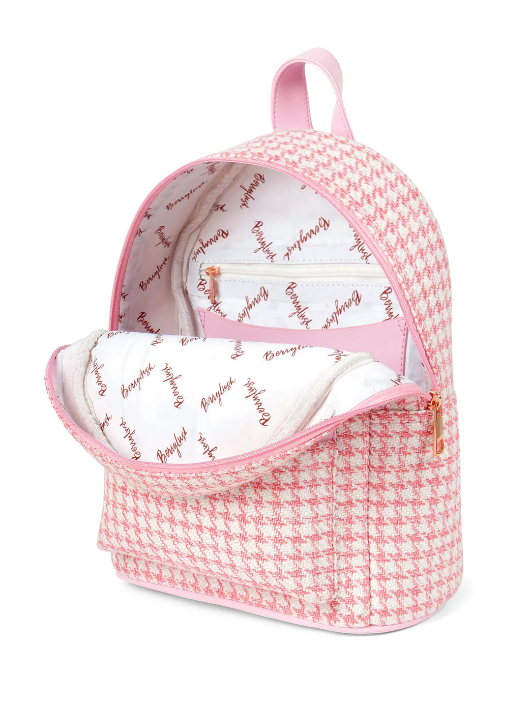 Berrylush Women Pink & White Houndstooth Printed PU Padded Shoulder Strap Zipper Backpack