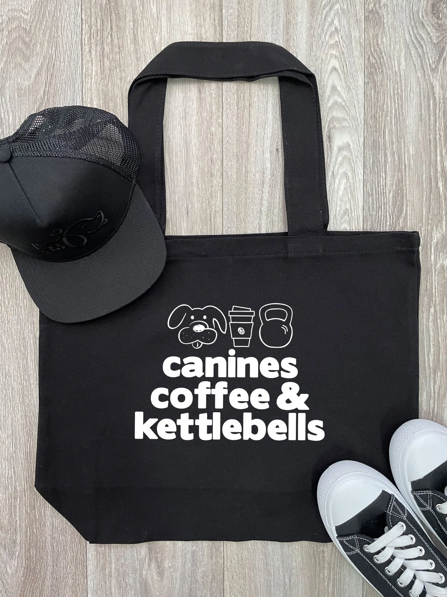 Canines, Coffee & Kettlebells Cotton Canvas Shoulder Tote Bag