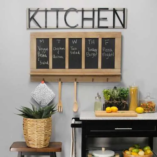 Chalkboard and Wood Wall Hanging with Antiqued Metal Hooks