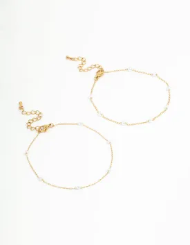 Gold Plated Stainless Steel Station Pearl Anklets 2-Pack