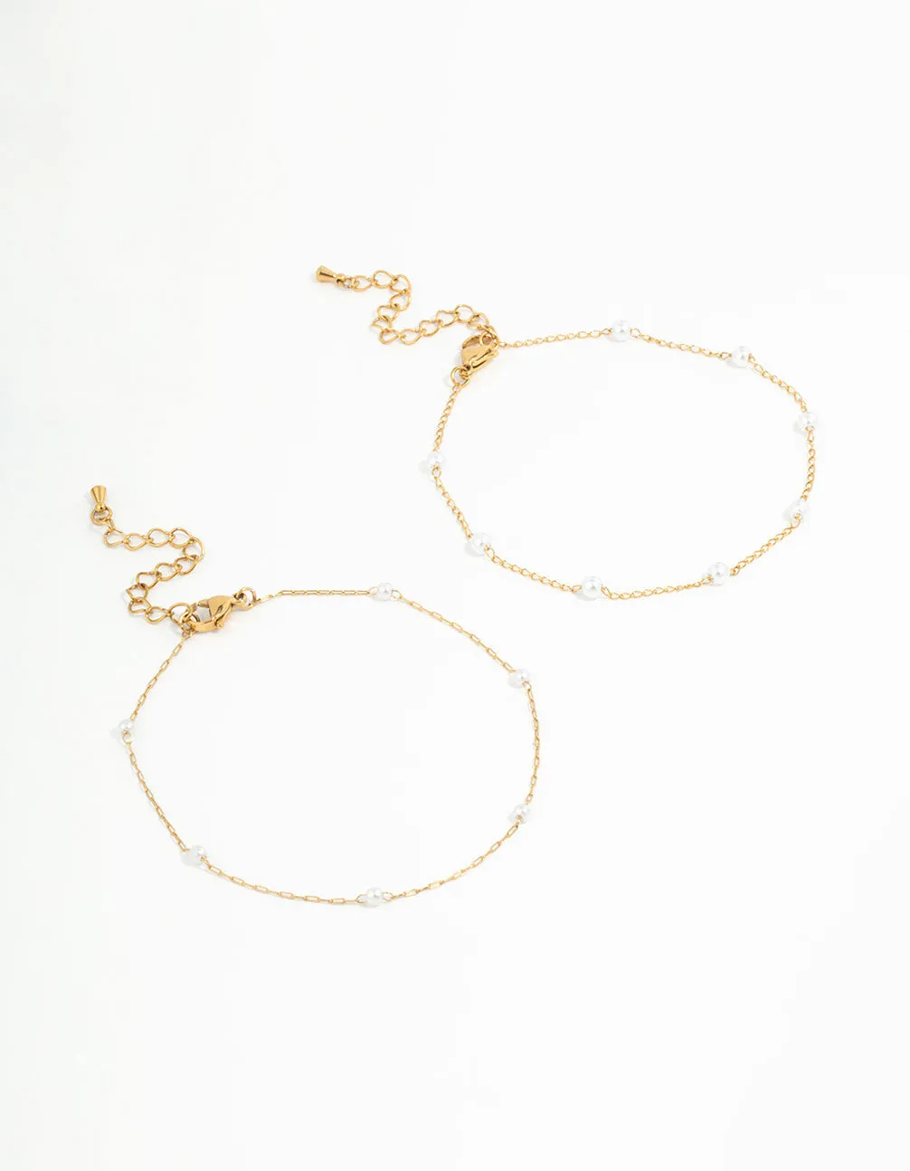 Gold Plated Stainless Steel Station Pearl Anklets 2-Pack