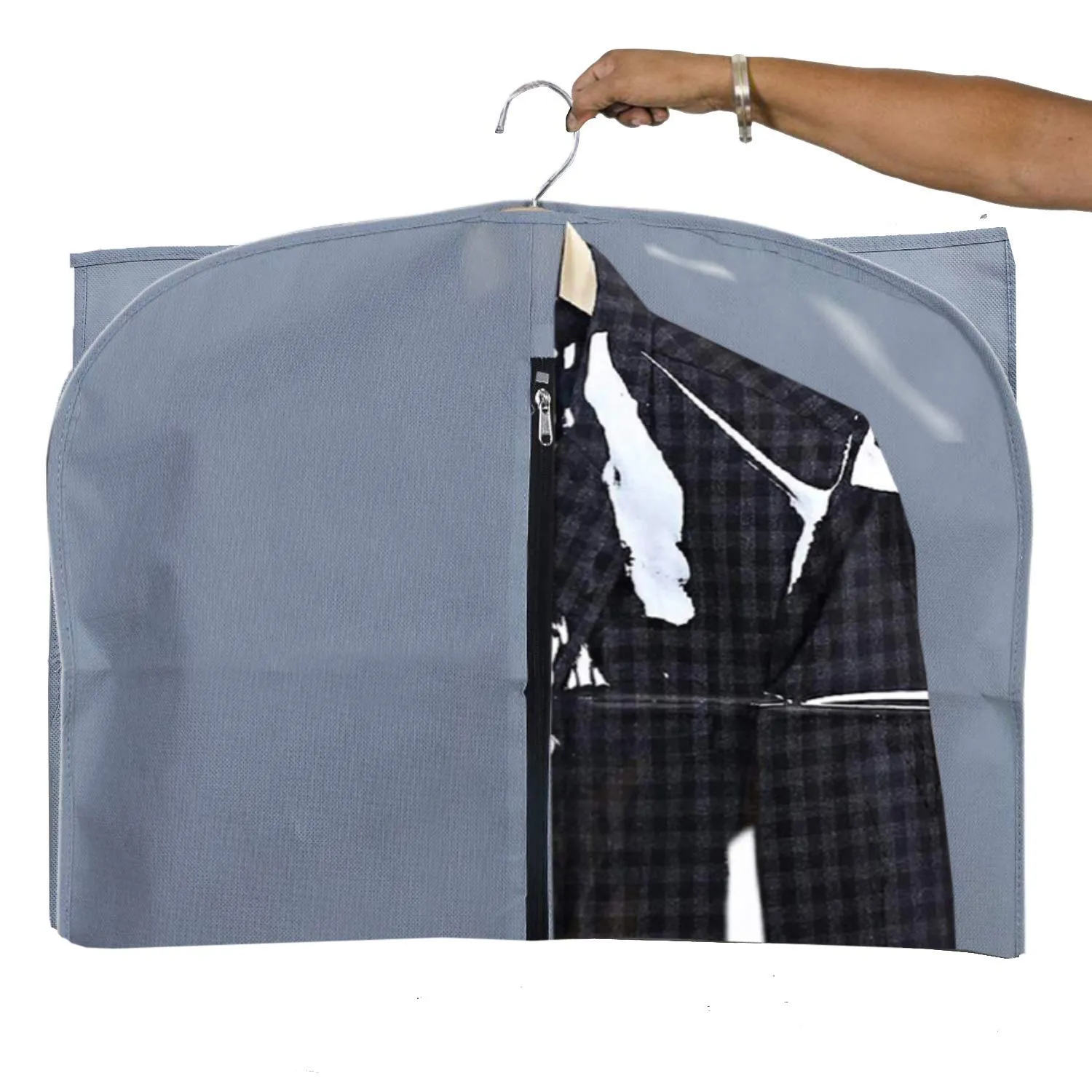 Kuber Industries Half Transparent Non-Woven Men's Blazer Suit Cover | Zipper Closure & Sturdy Hook | Size 94 x 61 x 1 CM | Set of 2 (Grey) | Practical and Protective Garment Cover Set