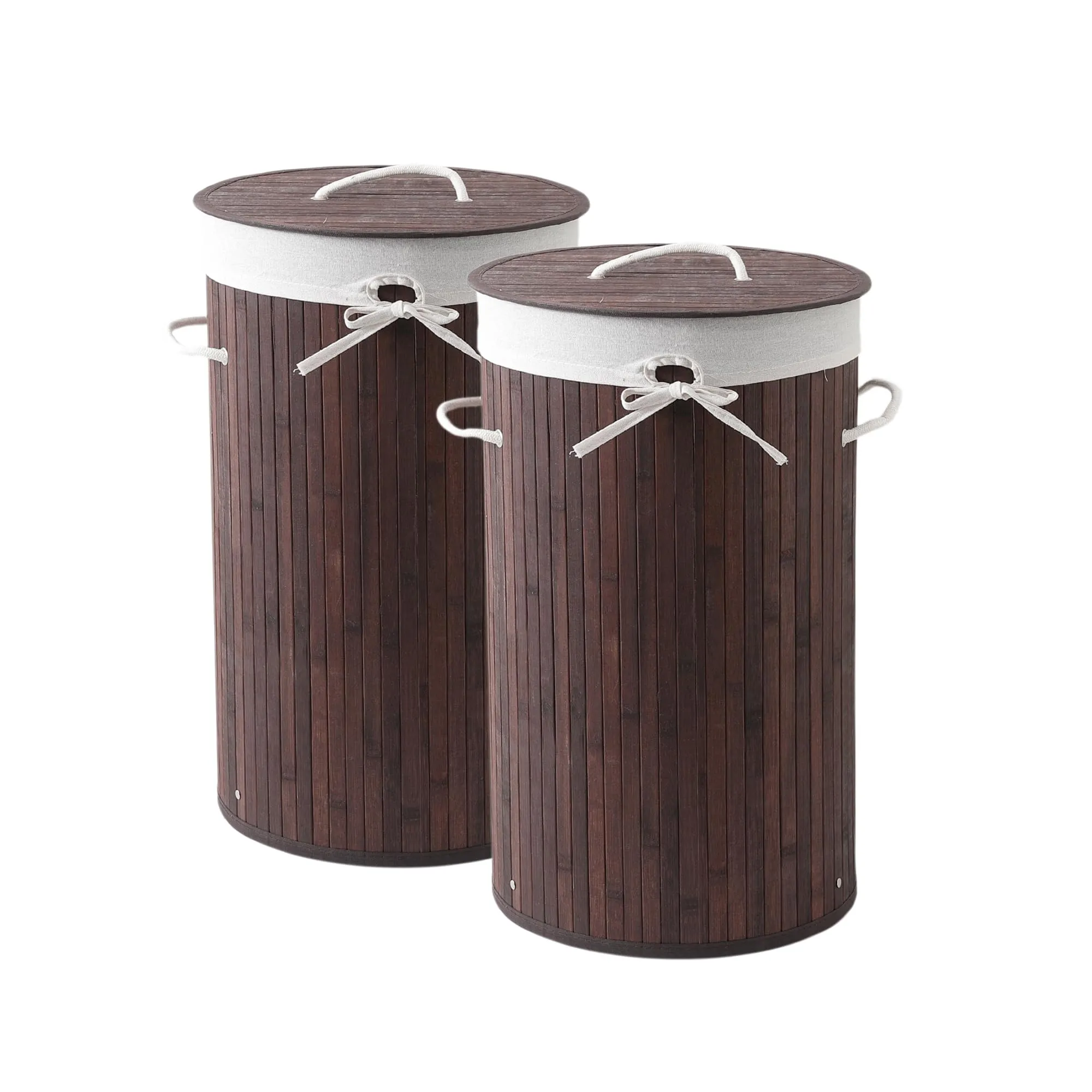 Kuber Industries Pack of 2 Round Bamboo Laundry Basket For Clothes With Lid | 73 Ltr Used/Washing Clothes Bag & Laundry Box - Dark Brown