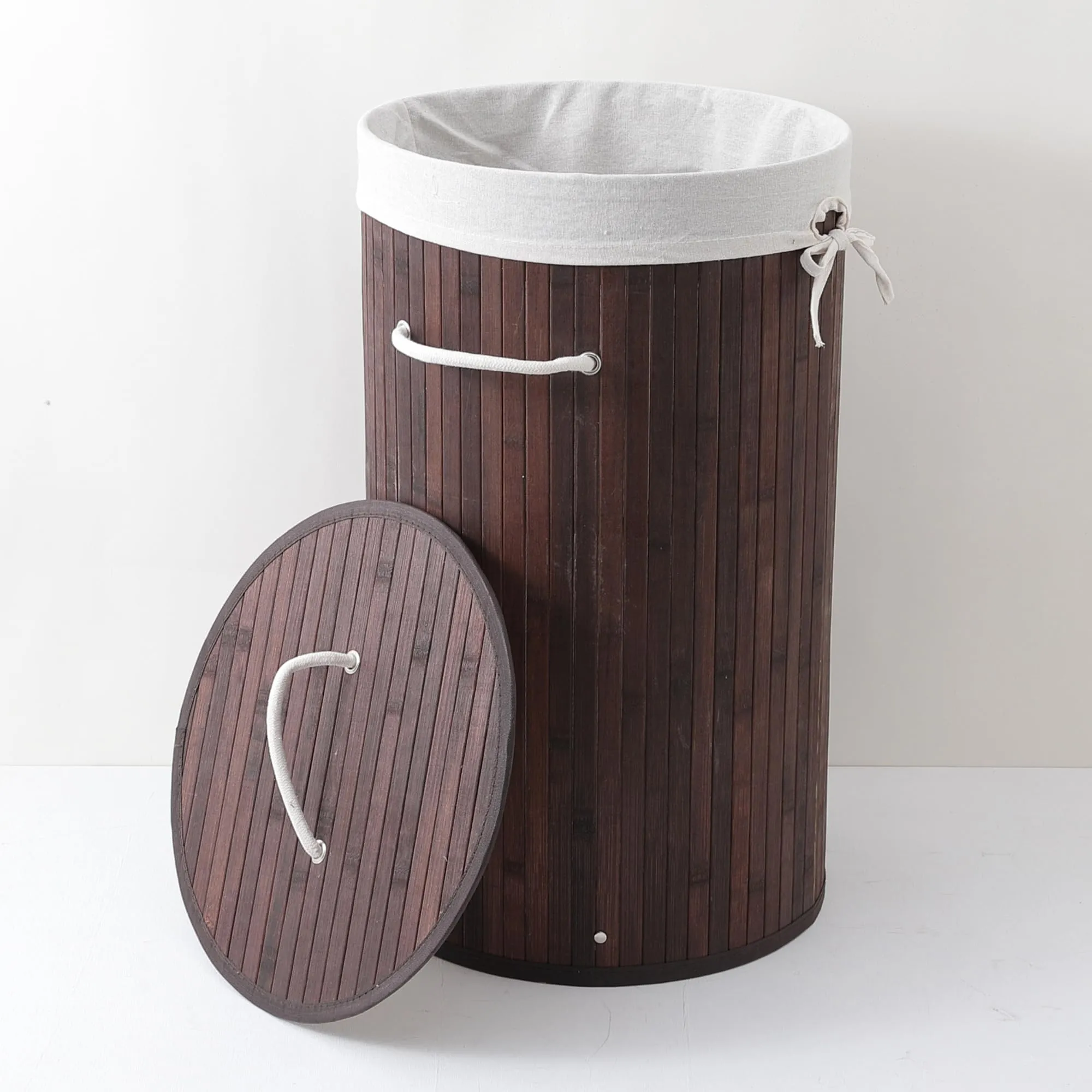 Kuber Industries Pack of 2 Round Bamboo Laundry Basket For Clothes With Lid | 73 Ltr Used/Washing Clothes Bag & Laundry Box - Dark Brown