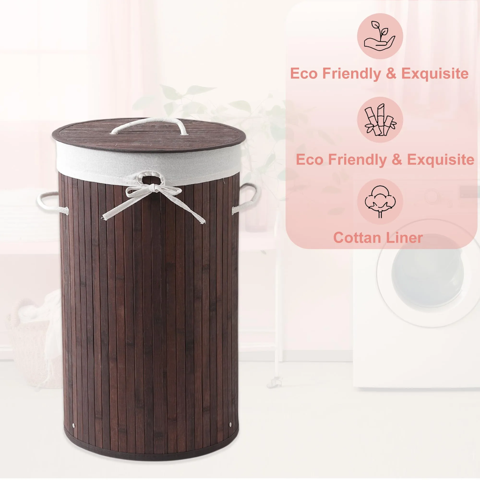 Kuber Industries Pack of 2 Round Bamboo Laundry Basket For Clothes With Lid | 73 Ltr Used/Washing Clothes Bag & Laundry Box - Dark Brown