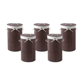 Kuber Industries Pack of 5 Round Bamboo Laundry Basket For Clothes With Lid | 73 Ltr Used/Washing Clothes Bag & Laundry Box - Dark Brown