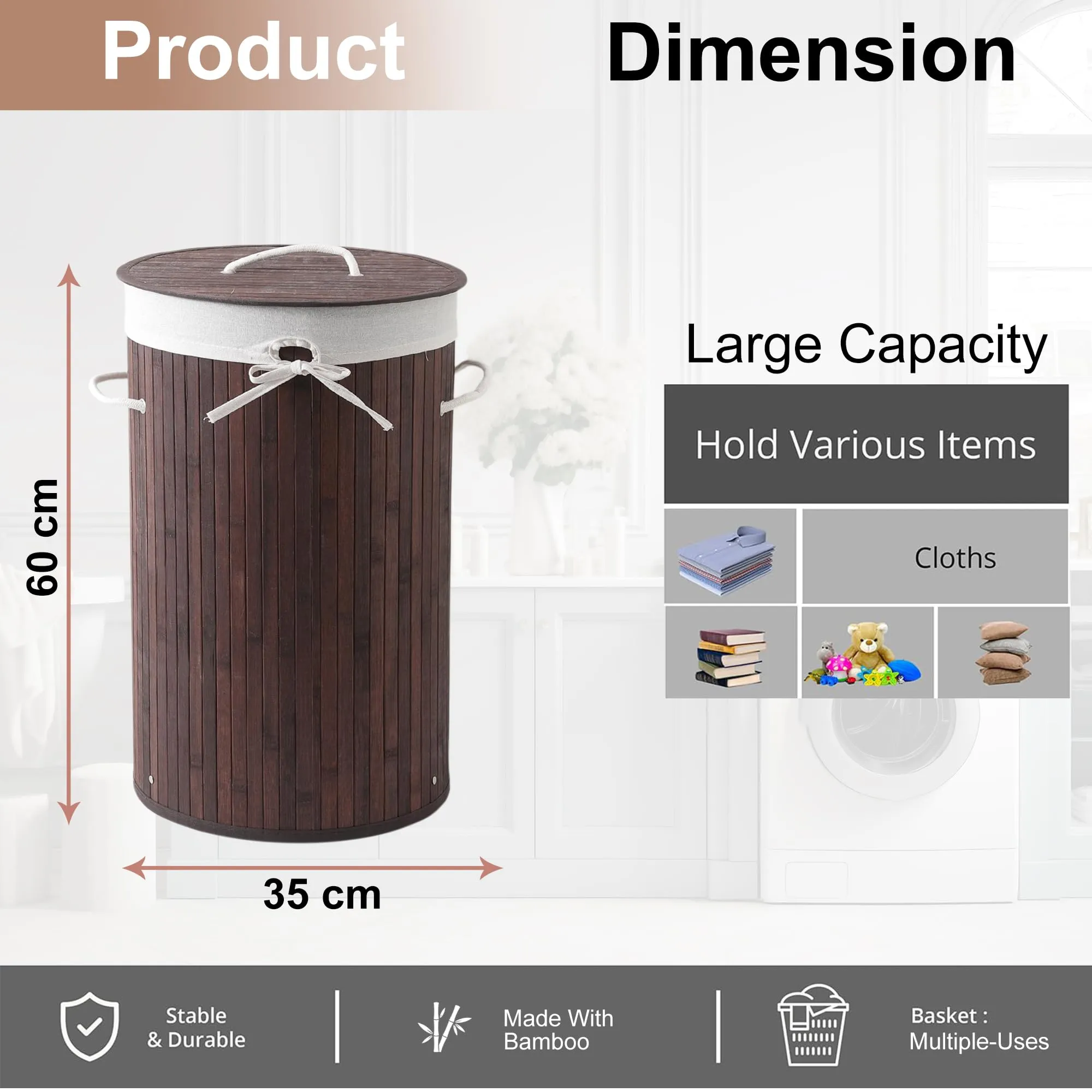 Kuber Industries Pack of 5 Round Bamboo Laundry Basket For Clothes With Lid | 73 Ltr Used/Washing Clothes Bag & Laundry Box - Dark Brown