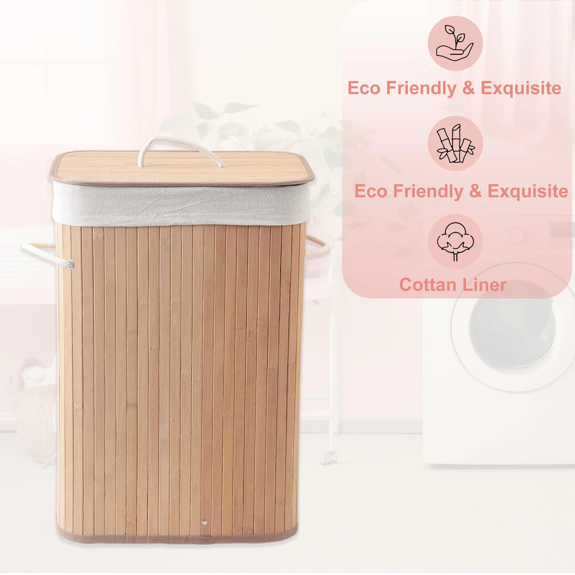 Kuber Industries Pack of 6 Rectangle Bamboo Laundry Basket For Clothes With Lid | 72 Ltr Washing Clothes Storage Bag & Laundry Box - Light Brown