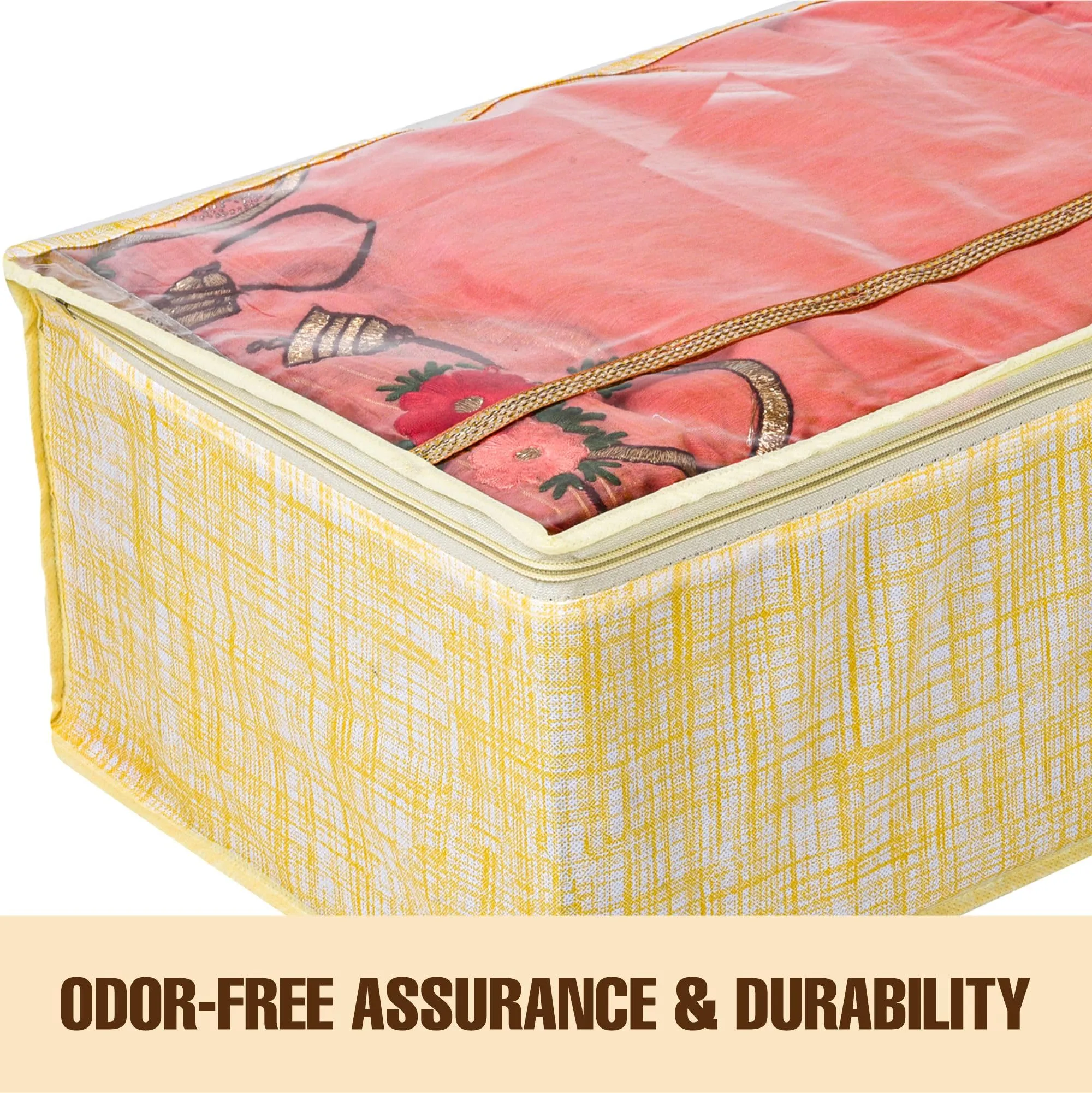 Kuber Industries Saree Storage Bag | Clothes Storage Bag | Wardrobe Storage Bag | Cloth Storage Organizer | Top Visible Window Saree Bag | Jute-Printed | 9 Inch | Pack of 3 | Yellow