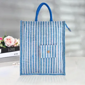 Kuber Industries Shopping Bag | Jute Carry Bag | Zipper Grocery Bag with Handle | Reusable Shopping Bag | Carrying Bag With Front Pocket | Lining-Grocery Bag | Medium | Blue