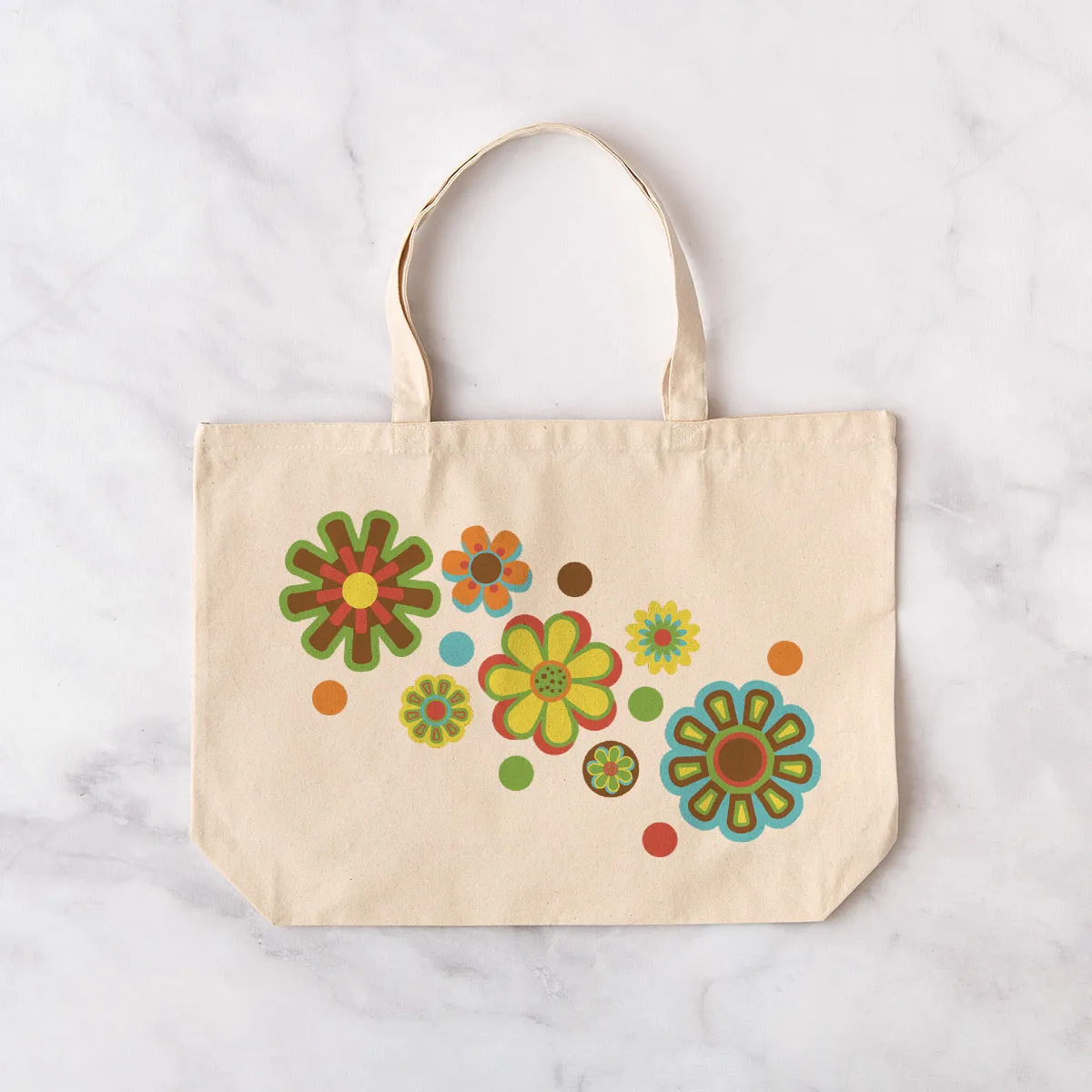 Mod Flowers 70s Colors Jumbo Canvas Tote Bag Everyday Totes