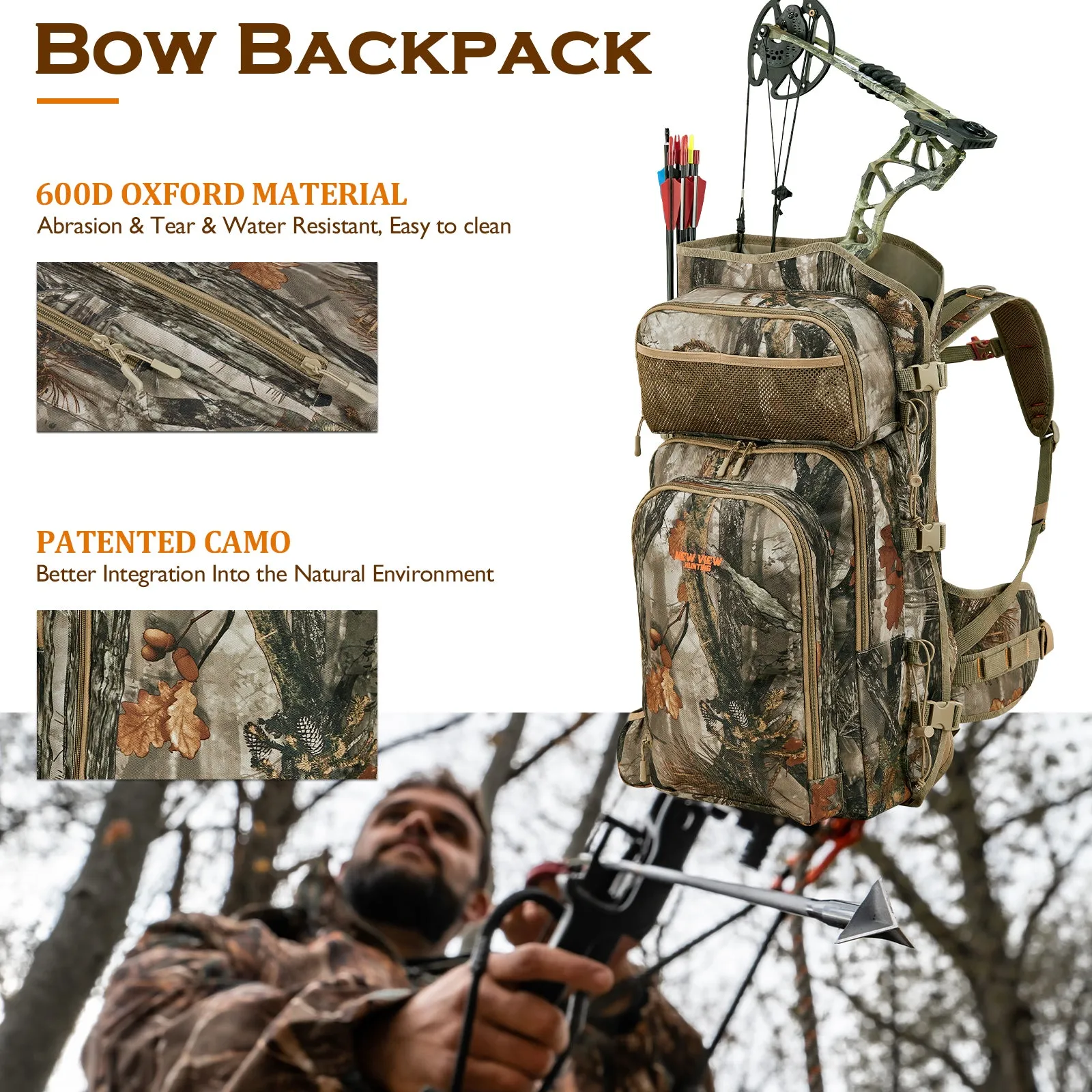 NEW VIEW Camo Hunting Backpack for Men with Compound Bow Holder - Ideal for Saddle Hunting & Bow Hunting of Deer and Elk - Durable Compound Bow Carrier Pack