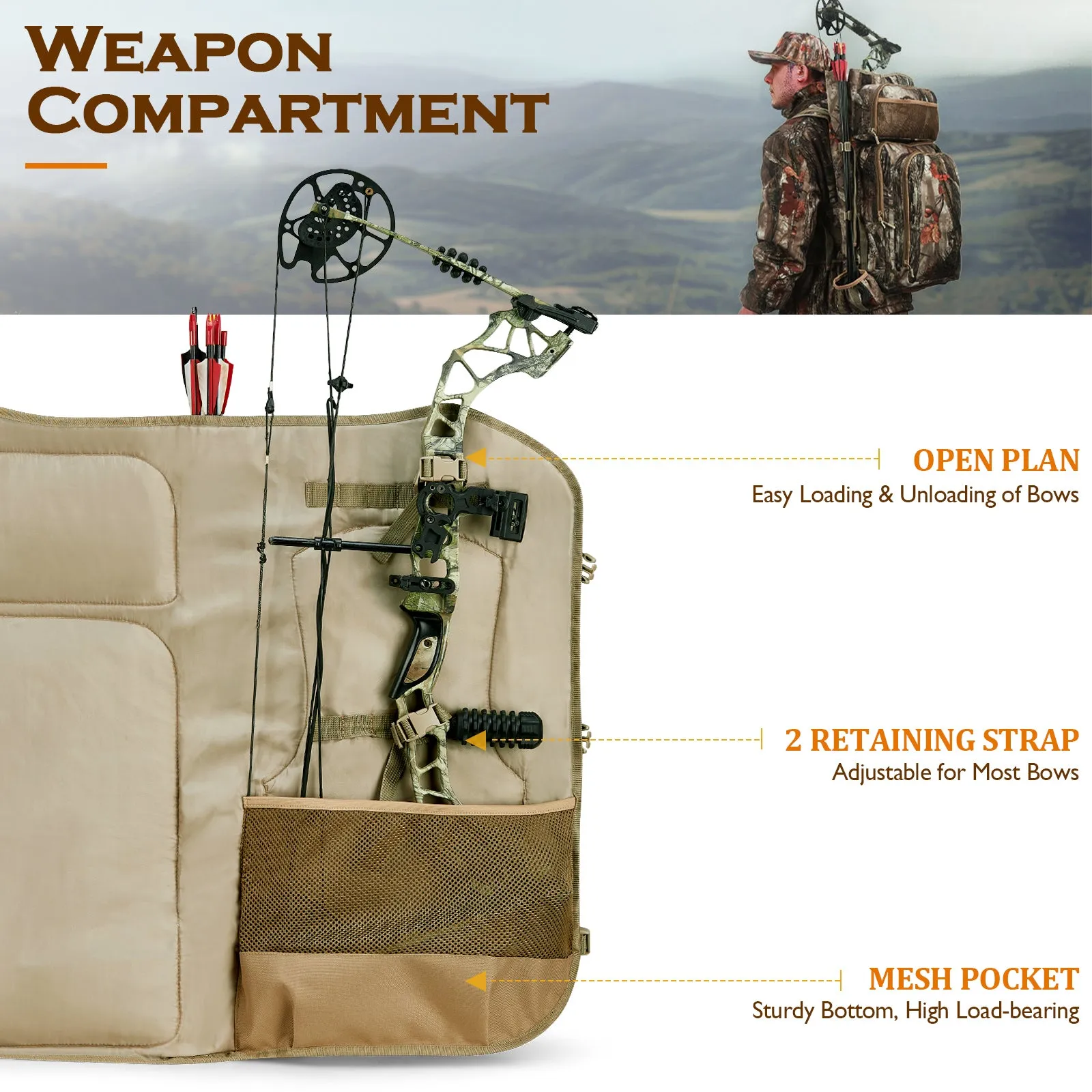 NEW VIEW Camo Hunting Backpack for Men with Compound Bow Holder - Ideal for Saddle Hunting & Bow Hunting of Deer and Elk - Durable Compound Bow Carrier Pack