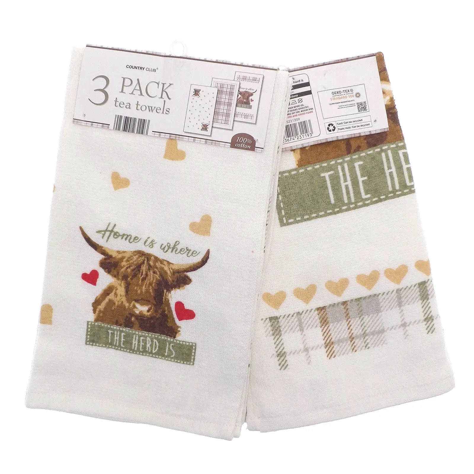 Pack of 3 Highland Cow Tea Towels Hearts Tartan 100% Cotton White