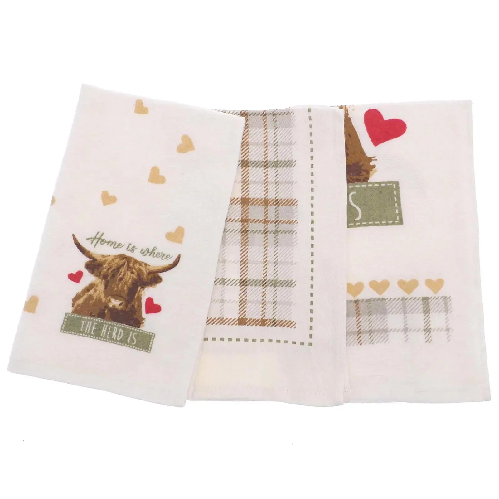 Pack of 3 Highland Cow Tea Towels Hearts Tartan 100% Cotton White