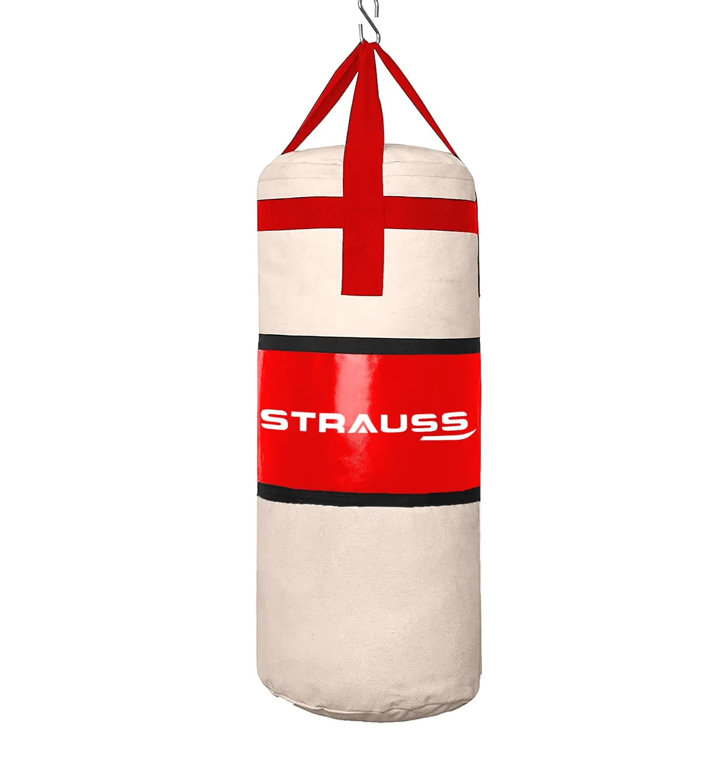 Strauss Canvas Heavy Duty Filled Gym Punching Bag | Comes with Hanging S Hook, Zippered Top Head Closure & Heavy Straps | 2.5 Feet, (Cream/Black)