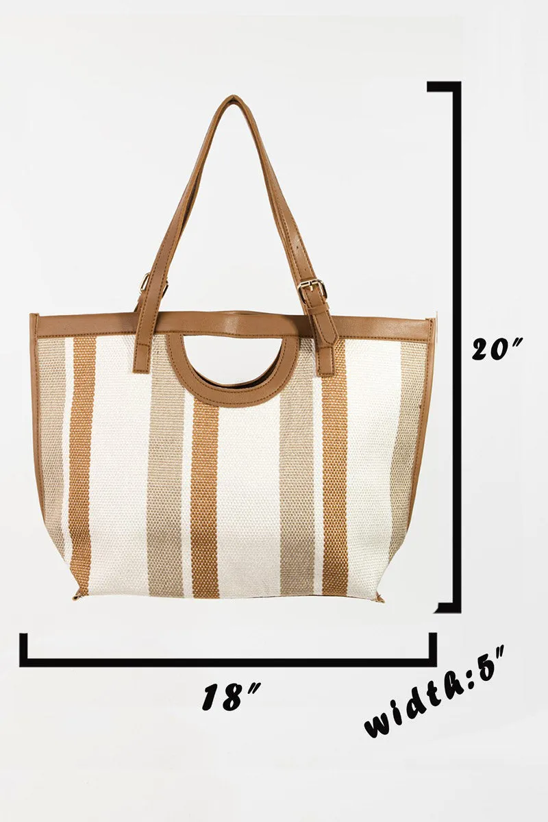 Striped PU Leather Trim Tote Bag