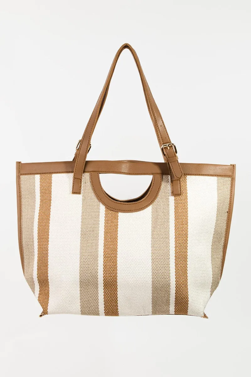 Striped PU Leather Trim Tote Bag