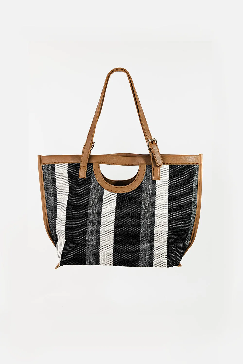 Striped PU Leather Trim Tote Bag